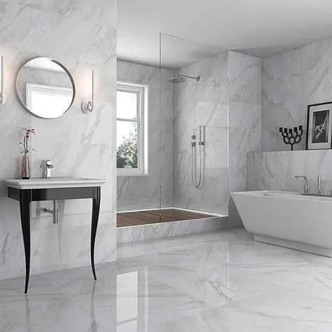 Bathroom design ideas featuring Blanco Macael marble effect wall panels, matte finish.