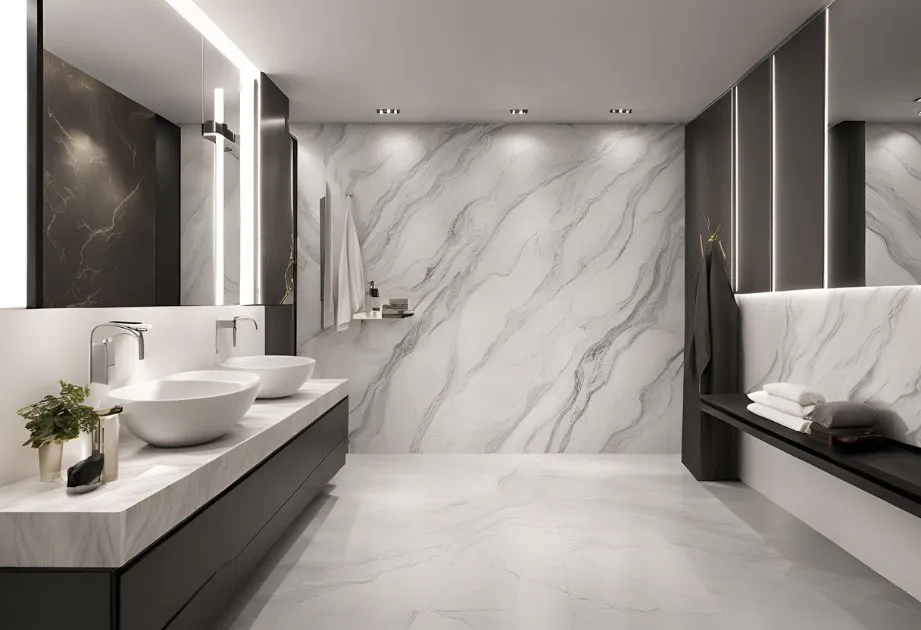 A modern bathroom with a sleek design featuring a double sink vanity with round vessel sinks, large mirrors with vertical lighting, and a marble-like wall and floor. There is a bench with folded towels and a robe hanging on the wall. The overall color scheme is neutral with shades of white, gray, and black.