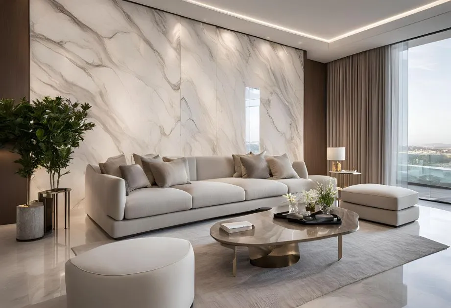 A modern living room with a beige sofa, an oval coffee table, an ottoman, and a table lamp. The background wall has a marble design, and there is a plant in one corner. Large windows with curtains allow natural light to enter.