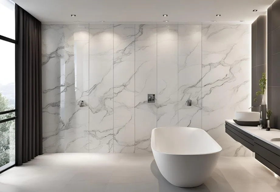 Contemporary bathroom space with marble finishes on walls and floor, highlighting an elegant and minimalist style.