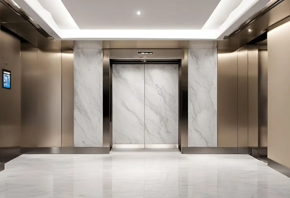 An elegant elevator featuring polished marble floors and a sleek marble wall, exuding luxury and sophistication.