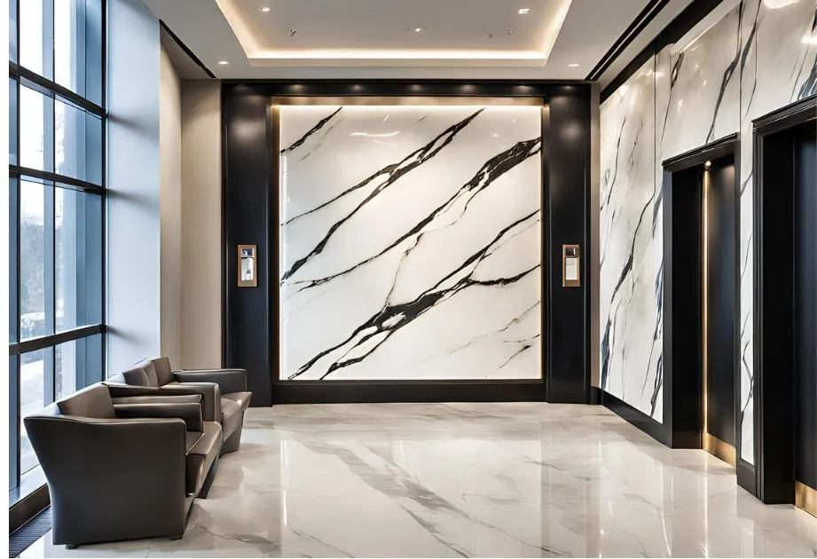 A modern, elegant lobby with marble walls and floors, featuring two elevators and a seating area with two leather chairs. The lobby has large marble walls with black and white veining, polished marble floors, and two elevators with black frames. There is a seating area with two leather chairs on the left side, next to large windows that allow natural light to flood the space. The overall design is sleek and sophisticated, making it an interesting example of contemporary interior design.