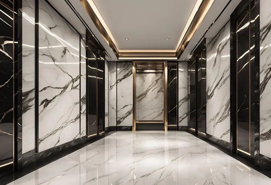 Elegant modern marble elevator hall with sleek design and sophisticated decor.