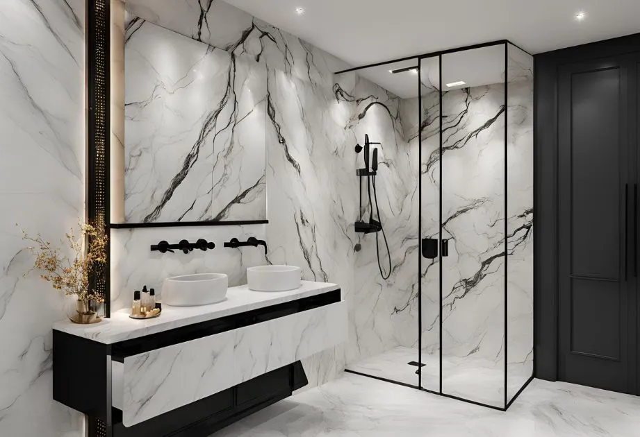 A modern bathroom with a luxurious design featuring white marble walls with black veins, a double sink vanity with round vessel sinks, a large mirror, and a glass-enclosed shower area with black fixtures. The bathroom also includes a black cabinet and decorative elements such as a vase with dried flowers and toiletries on the counter.