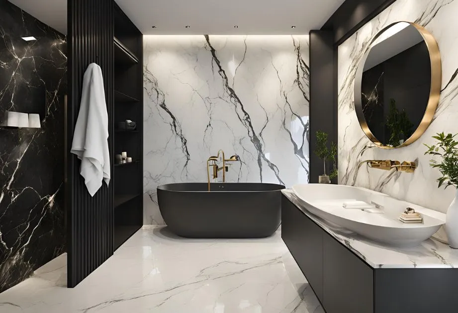 A modern bathroom with a black freestanding bathtub, white and black marble walls, a large round mirror with a gold frame, and a white sink on a black vanity. The room features gold fixtures, a towel hanging on a black slatted wall, and plants for decoration.