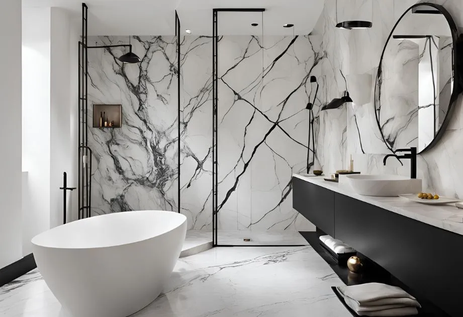 Striking Calacatta black vein marble effect wall panels with a high gloss finish, offering a dramatic flair for contemporary bathrooms.
