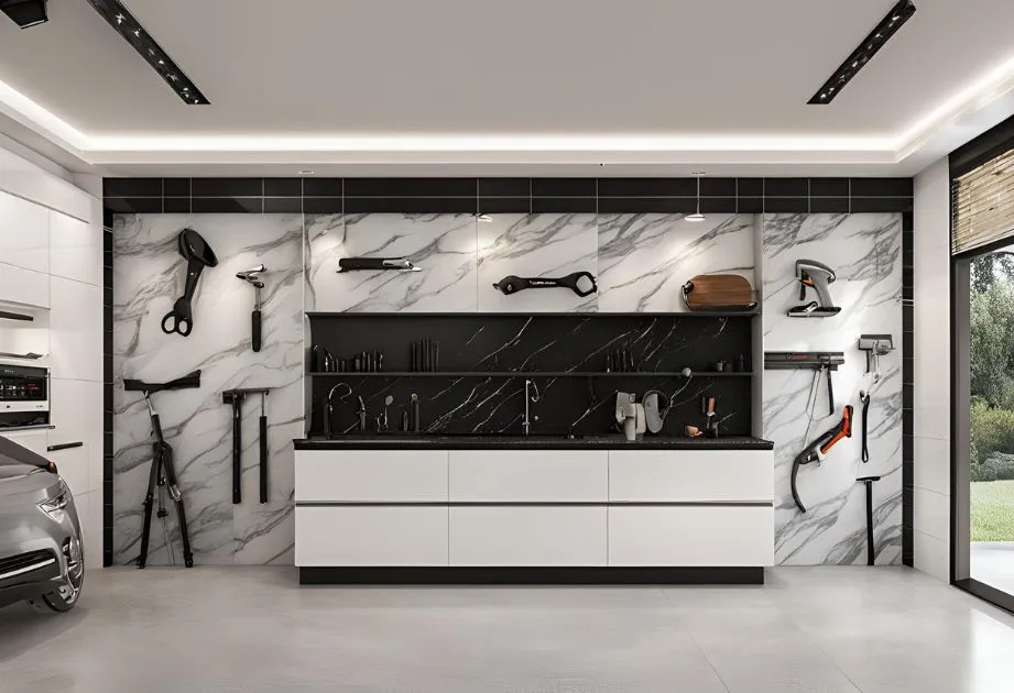 Contemporary garage showcasing Calacatta Black Vein Marble Effect wall panels in high gloss, enhancing the elegance of the interior design.