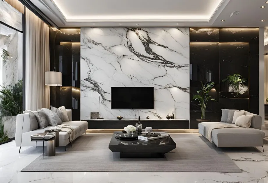 The image shows a modern, luxurious living room with a sophisticated design. The room features a large marble accent wall with black and white veining, which serves as the backdrop for a flat-screen television mounted at the center. On either side of the marble wall, there are black glossy panels with built-in lighting and decorative plants.