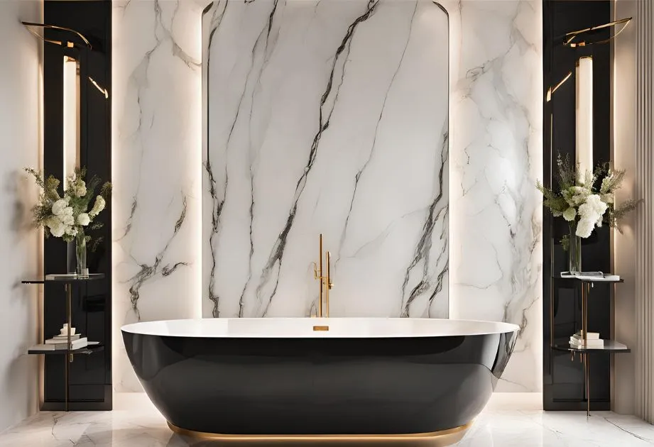 A luxurious bathroom with a modern design. The focal point is a black freestanding bathtub with gold accents, positioned against a backdrop of large, white marble tiles with gray veining. The bathtub has a gold faucet. On either side of the bathtub, there are black vertical panels with built-in lighting and shelves. Each shelf holds a vase with white flowers and some books. The overall aesthetic is elegant and sophisticated, combining black, white, and gold elements with a clean, minimalist design.