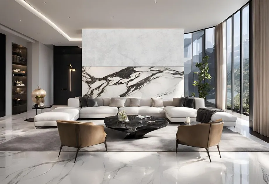 Modern living room with marble walls and floors, creating an elegant and contemporary atmosphere.