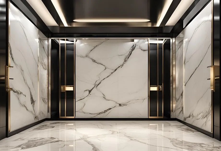 A luxurious marble elevator with elegant gold moldings and sleek black doors, radiating sophistication and style.