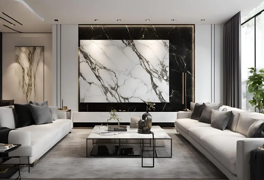 A modern living room with a minimalist design featuring two white sofas with gray and black cushions, a large marble wall art piece with black and white veining, a glass coffee table with decorative items, and a large window with gray curtains allowing natural light to enter the room. The room also includes a potted plant and a neutral color palette with black, white, and gray tones.