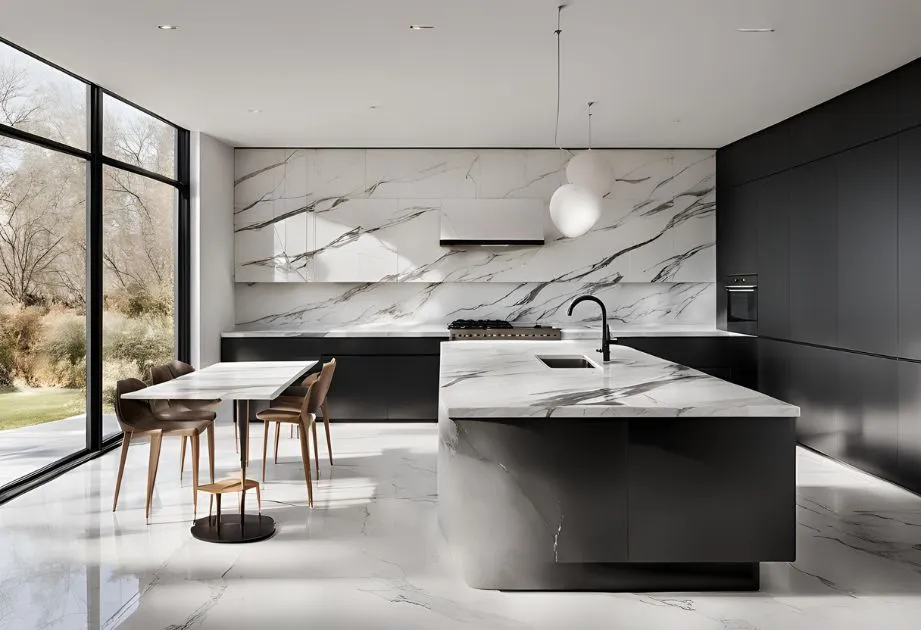 Modern kitchen with marble countertops and black cabinets, combining elegance and functionality in a contemporary design.