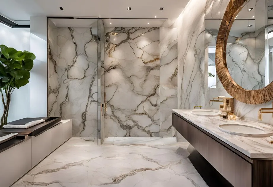 A luxurious bathroom featuring marble walls and floors with intricate veining. The room includes a large glass-enclosed shower, a double sink vanity with gold fixtures, and a large round mirror with a wooden frame. There is also a bench with folded towels and a large green plant in the corner.