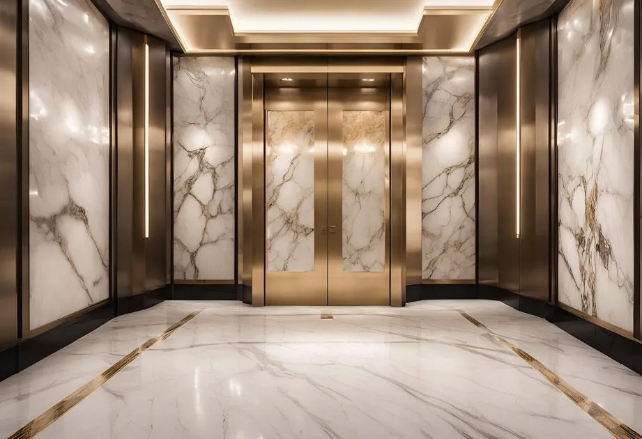 A luxurious elevator lobby with marble walls and floors, featuring gold accents and lighting fixtures. The elevator doors are closed and framed by gold trim, with marble panels on either side. The floor has a polished marble finish with gold inlays, and the walls are adorned with large marble slabs with gold veins. The lighting is warm and elegant, enhancing the opulent atmosphere of the space.