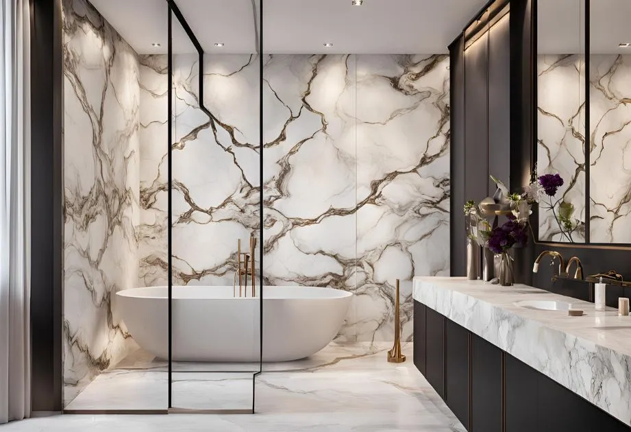 A luxurious bathroom with a freestanding white bathtub against a backdrop of marble walls with brown veining. The bathroom features a large mirror, double sinks with marble countertops, and elegant fixtures. There are decorative elements such as flowers and a gold-colored floor-standing faucet.