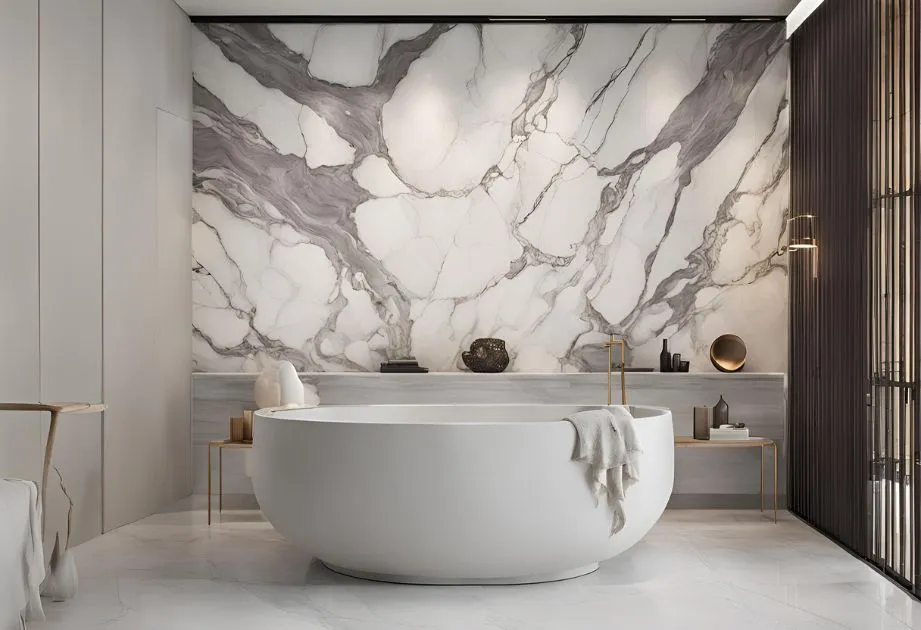 A modern bathroom with a large, freestanding white bathtub in the center. The back wall features a striking marble design with gray and white veining. The room is decorated with minimalist furniture, including small side tables and various decorative items. The overall design is sleek and luxurious, with a focus on clean lines and a neutral color palette.