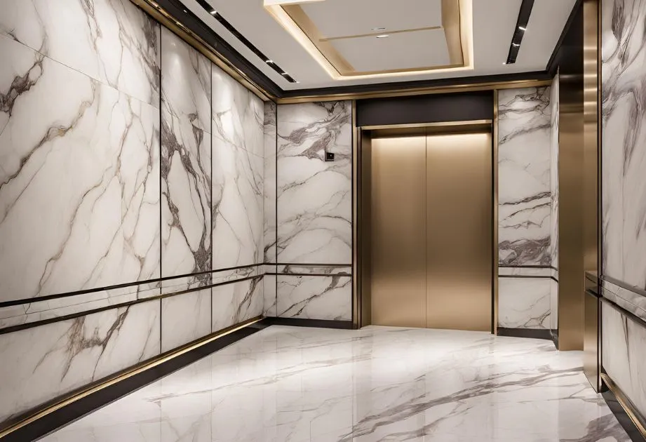 An elegant elevator featuring luxurious marble walls and sophisticated gold trim accents.