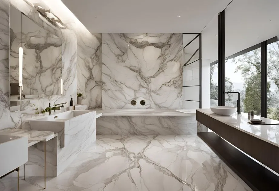 The image shows a luxurious and modern bathroom with a predominantly marble design. The walls, floor, and fixtures are made of white marble with gray veining. The bathroom features a large bathtub with wall-mounted faucets, a spacious vanity with a sink and a large mirror, and a separate countertop with a vessel sink and a modern black faucet. There are also large windows that provide a view of the outdoors, allowing natural light to flood the space. The overall design is sleek, elegant, and minimalist, emphasizing the beauty of the marble and the clean lines of the fixtures.