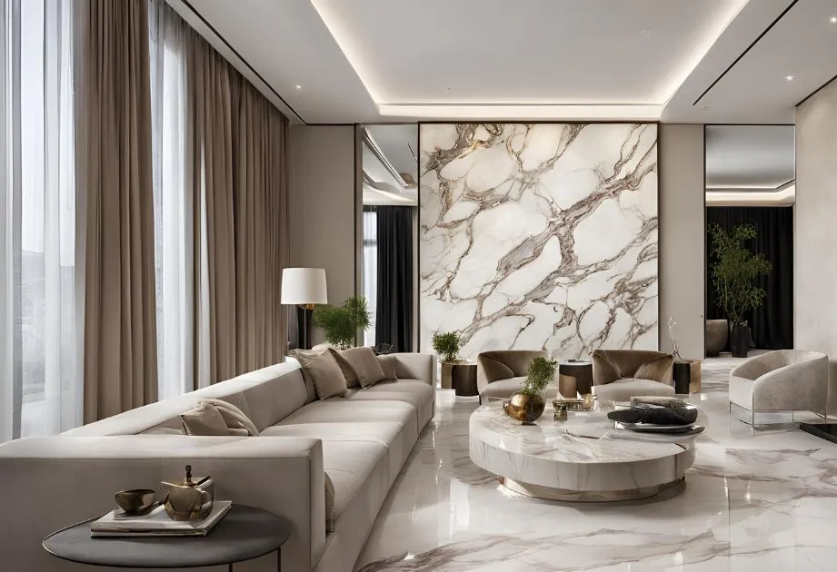 A modern living room with elegant decor, including an L-shaped sofa, a round marble coffee table, and a marble wall with brown veins. Long curtains and decorative plants complete the sophisticated ambiance.