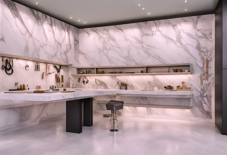  Image of a stylish garage with Calacatta Viola Marble Effect wall panels in matte, adding a luxurious and modern flair.