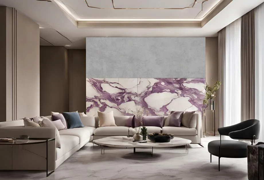 A luxurious living room featuring elegant marble walls, highlighted by a striking purple and white marble accent wall.