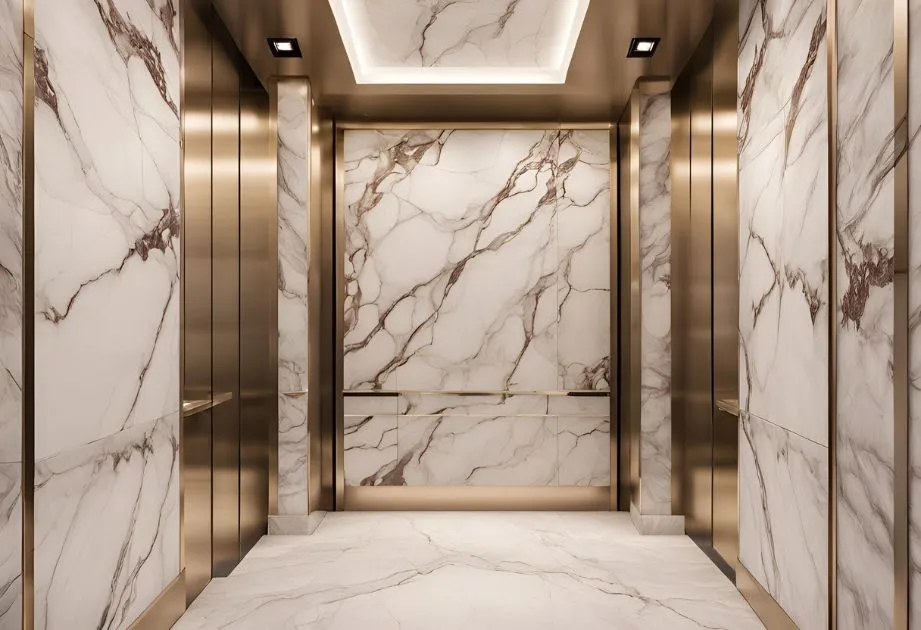 Elevator decorated with marble and gold details, reflecting elegance and sophistication in its interior design.