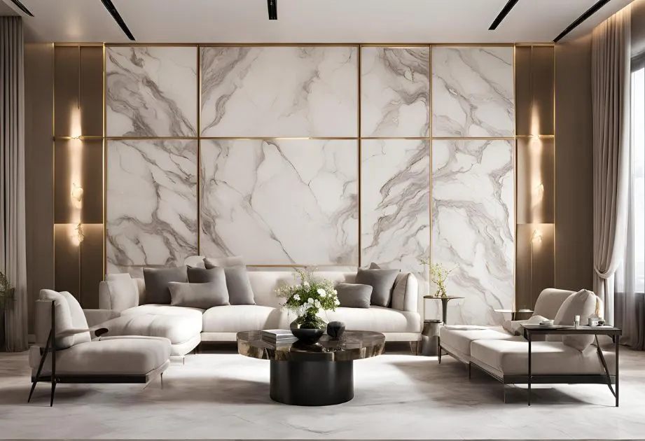 Modern living room with marble walls and elegant furniture, creating a sophisticated and contemporary atmosphere.