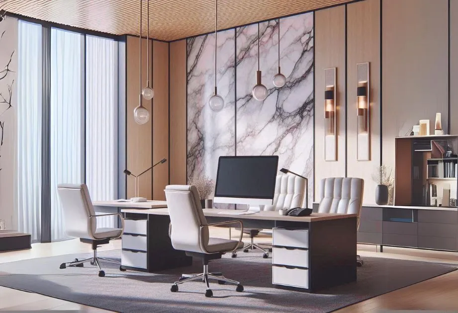 Modern office with marble walls and white furniture, creating an elegant and contemporary atmosphere.