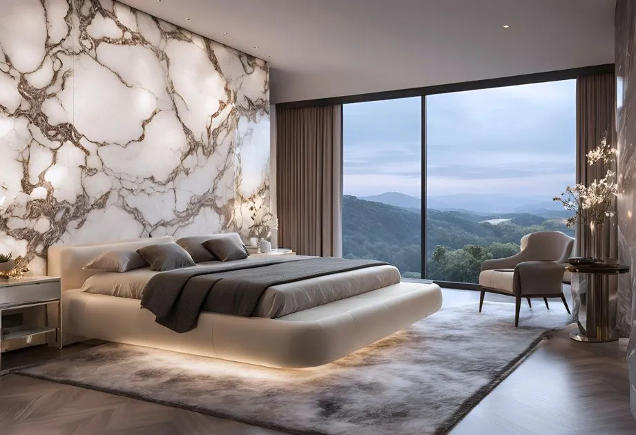 Luxurious bedroom with a floor-to-ceiling window offering a scenic mountain view. The room features a bed with a sleek, upholstered frame and a headboard against a striking marble accent wall. The bed is dressed in neutral-toned bedding with a dark gray throw blanket. On either side are nightstands with lamps. A plush area rug under the bed and an armchair with a side table near the window add to the elegance. The room is well-lit with recessed ceiling lights and additional lighting from lamps and a decorative fixture near the armchair, creating a serene, sophisticated ambiance.