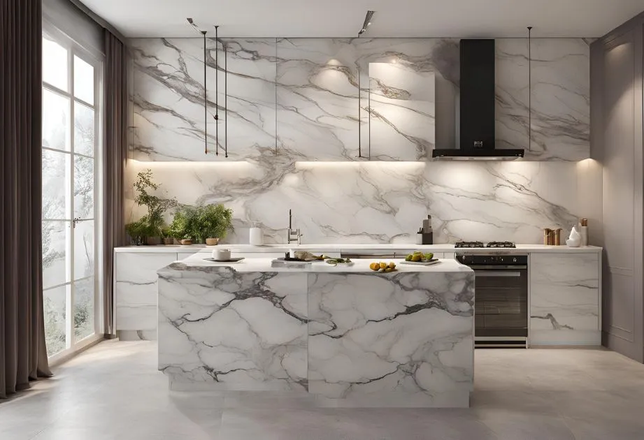 Modern kitchen with marble countertops, elegant and functional, ideal for meal preparation and family gatherings.