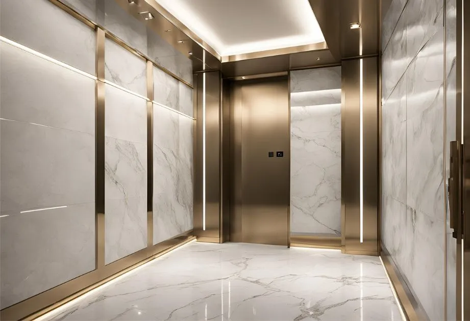 An elegant elevator featuring luxurious marble walls and ornate gold trim, showcasing a sophisticated design.