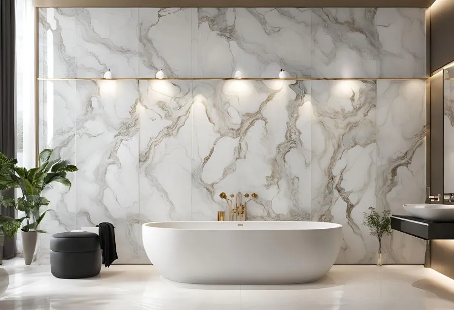 A modern bathroom with a large white freestanding bathtub in the center, set against a backdrop of marble-patterned walls. Above the bathtub, there are four wall-mounted lights. To the left, there is a potted plant and a small black stool with a towel draped over it. To the right, there is a floating vanity with a sink and a small plant in a vase. The floor is made of polished white tiles.