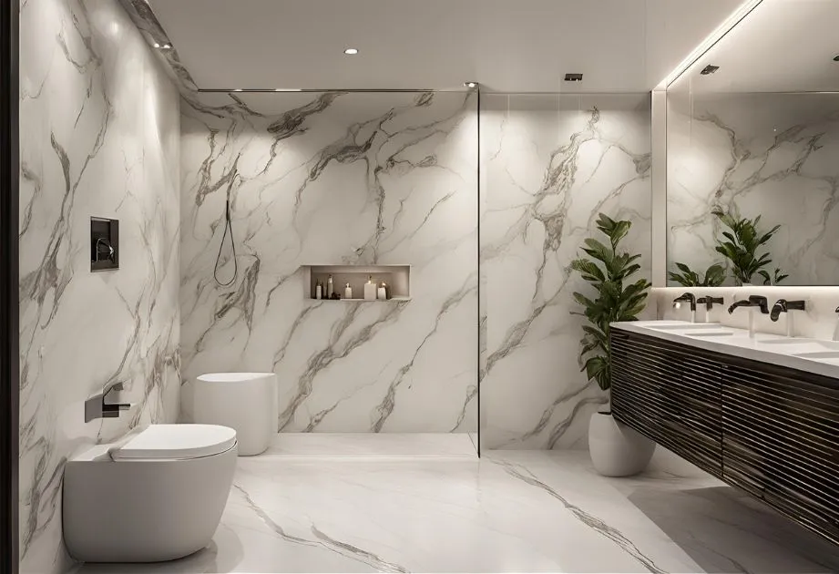 A modern bathroom with marble walls and floor, featuring a toilet, bidet, shower area with built-in shelf, double sink vanity with large mirror, and two potted plants. The design is sleek and elegant, with a focus on clean lines and a minimalist aesthetic.