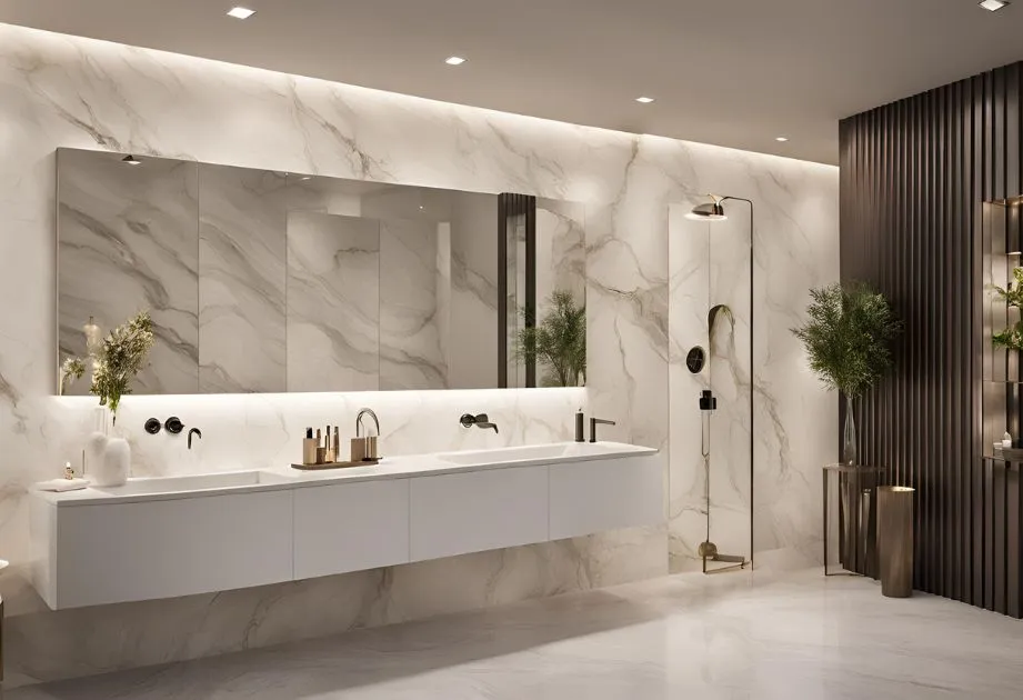 A modern bathroom with a large mirror above a double sink vanity, featuring a sleek and minimalist design. The walls and floor are covered in elegant marble tiles with natural veining. There is a walk-in shower with a glass partition and a rainfall showerhead. The room is decorated with plants and stylish accessories, creating a sophisticated and serene atmosphere.