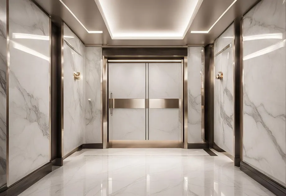 Luxurious elevator lobby with marble walls and floor, featuring a modern design with metallic accents and recessed lighting.