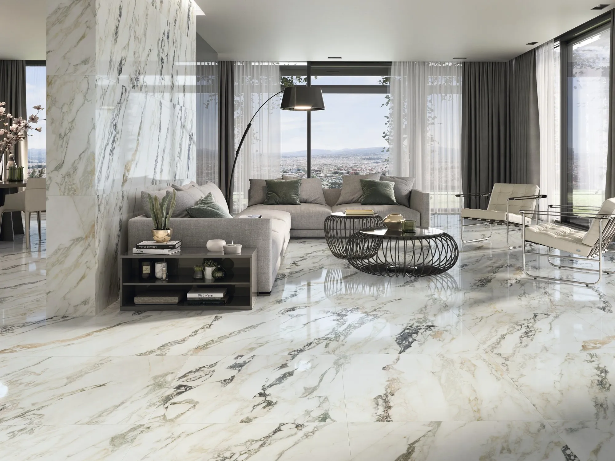 Living room featuring Capraia Bianco marble effect panels, exuding elegance and luxury