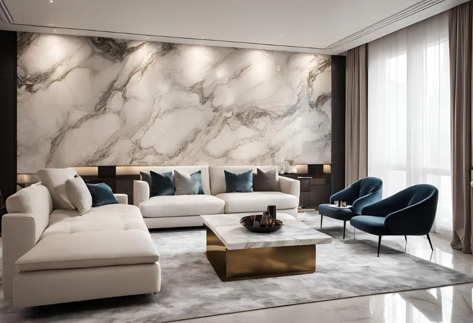 Modern living room with marble walls and elegant furniture, creating a sophisticated and contemporary atmosphere.