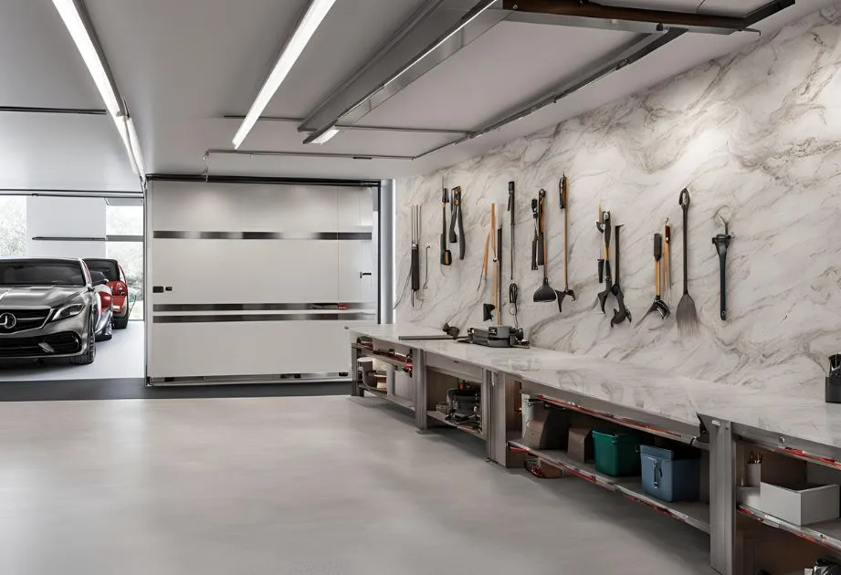 Overall view of a renovated garage with Capraia Bianco Marble Effect wall panels, combining functionality and style in the interior design.