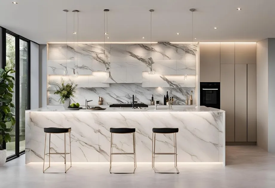 Modern kitchen with marble countertops and backsplash, featuring a large island with three bar stools, pendant lighting, and built-in appliances. The kitchen has a sleek, minimalist design with ample natural light from large windows on the left side.