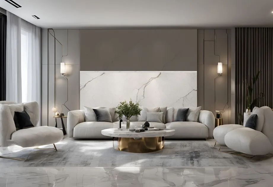 Modern living room with marble floor and white furniture, creating an elegant and bright atmosphere.