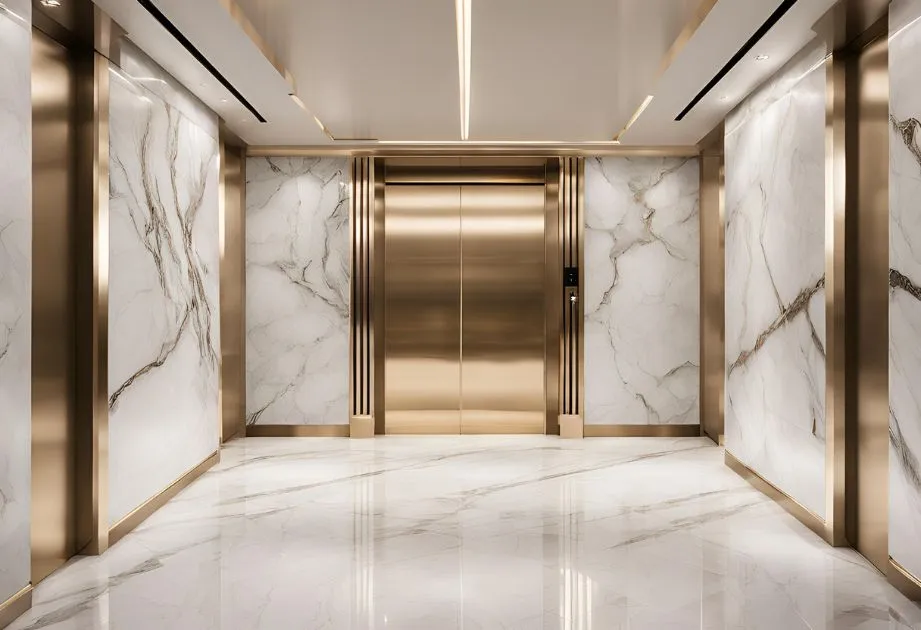 An elegant elevator in a marble hallway adorned with luxurious gold accents, showcasing a sophisticated interior design.