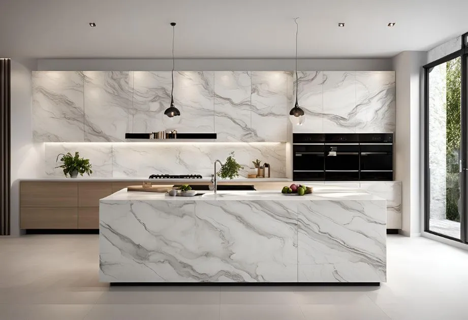 Modern kitchen with marble countertops, elegant and functional, ideal for a contemporary and cozy atmosphere.