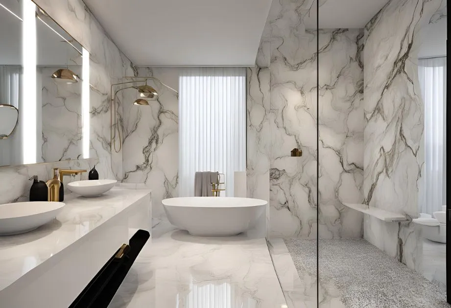 A luxurious bathroom with marble walls and floors, featuring a freestanding bathtub, a double sink vanity with large mirrors, gold fixtures, and a glass-enclosed shower area.