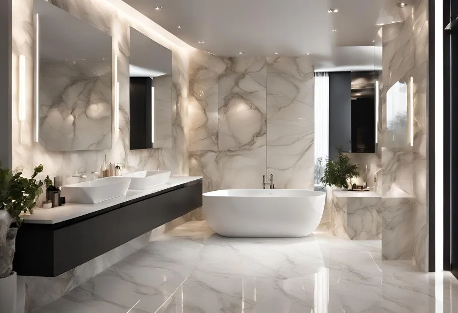 A luxurious bathroom with marble walls and floors, featuring a freestanding bathtub, double sinks with large mirrors, and modern lighting fixtures.