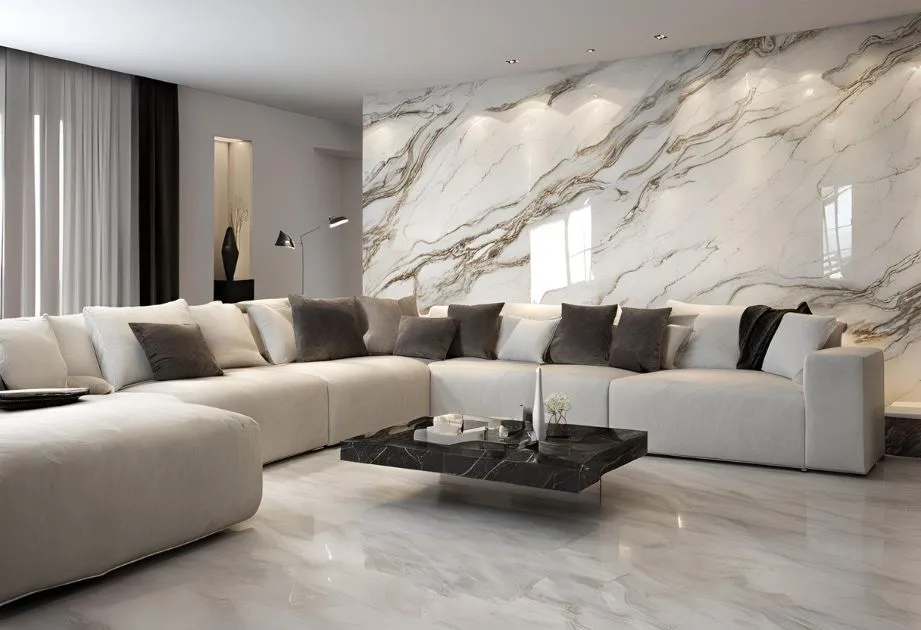 Elegant living room with marble walls and sophisticated furniture, creating a luxurious and cozy atmosphere.