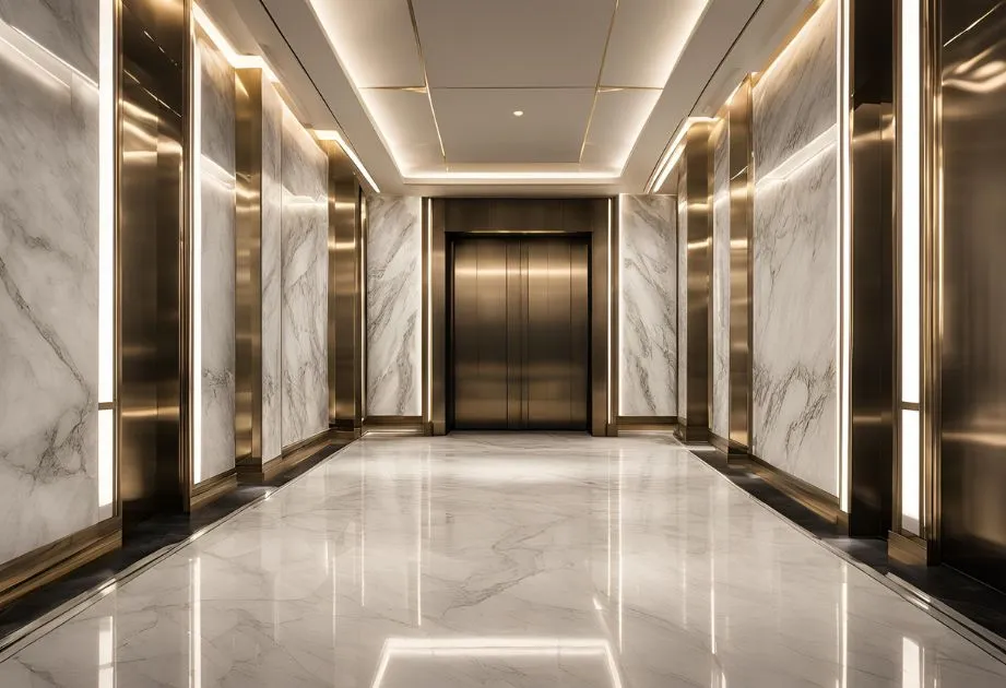 Elegant marble elevator interior of a luxury hotel with grand columns and sophisticated decor inviting guests into a luxurious space.