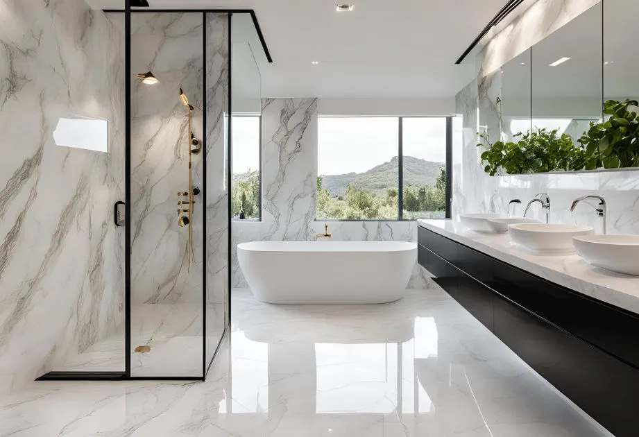 A modern bathroom with marble walls and floor, featuring a glass-enclosed shower, a freestanding bathtub, a long vanity with double sinks, large mirrors, and a window with a scenic view.