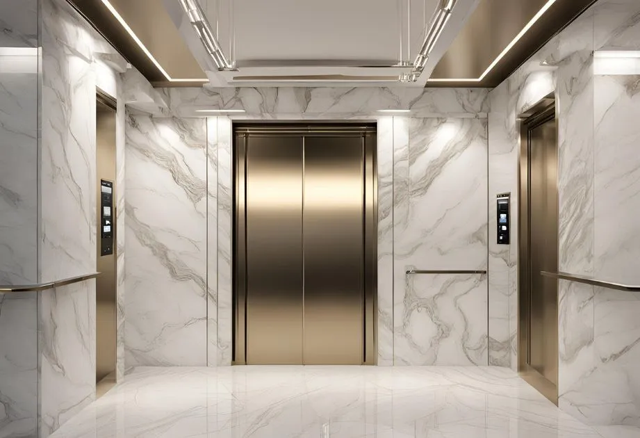 Alt text: A modern elevator lobby with three elevators. The walls and floor are covered in white marble with gray veining. The elevator doors are metallic and have a gold finish. There are control panels next to each elevator door.