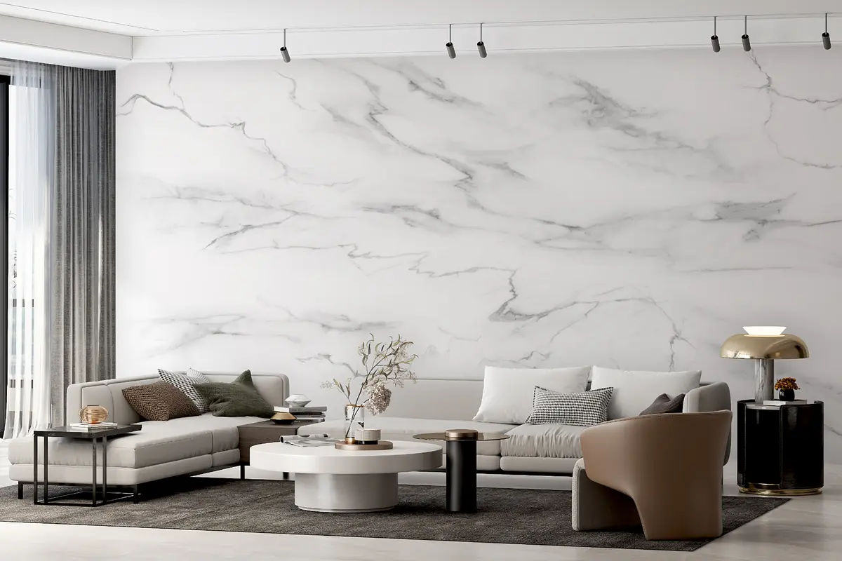 Living room with Carrara marble effect panels and soft lighting, highlighting color variations and intricate veining